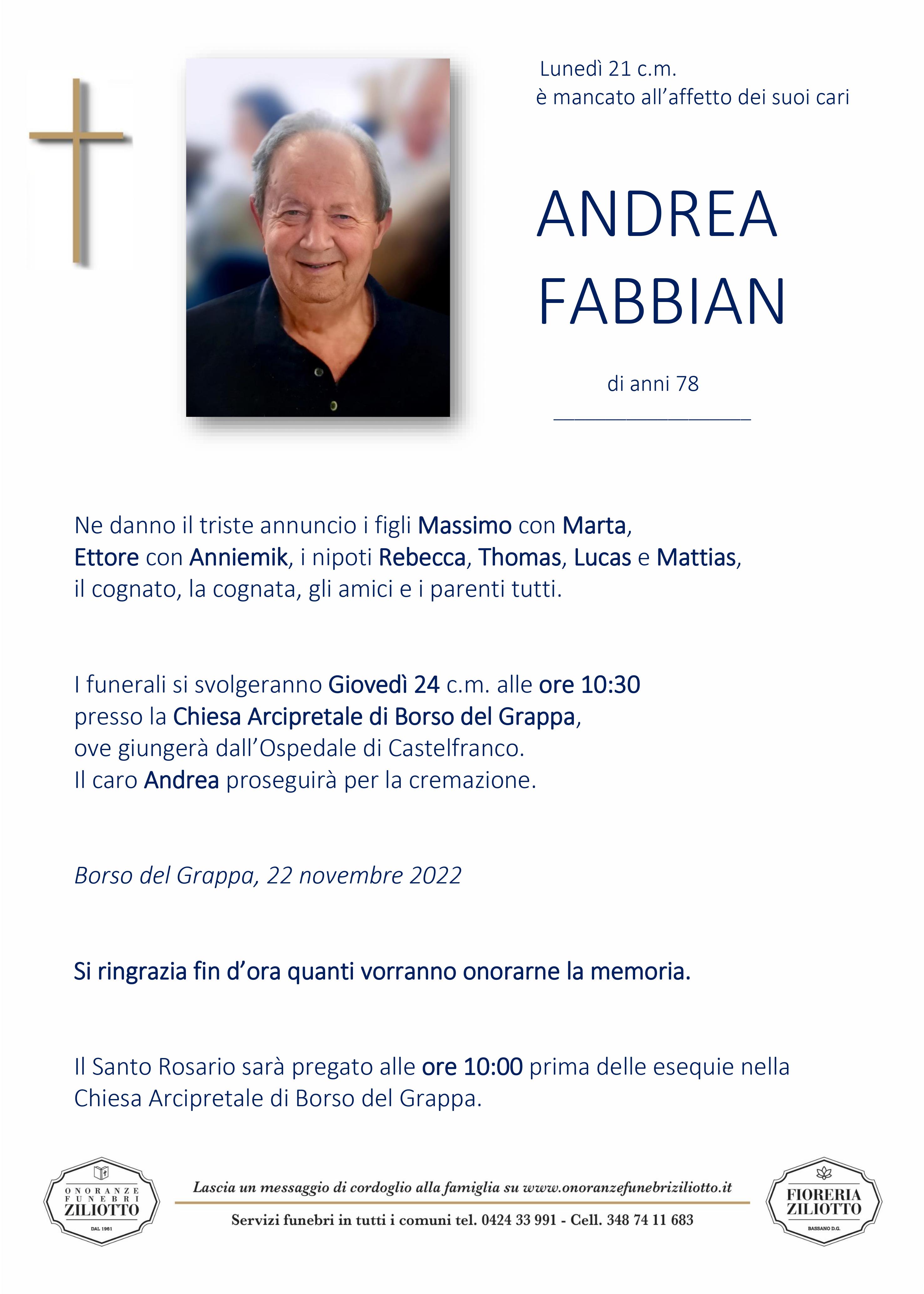 Andrea Fabbian - 78 anni - Borso del Grappa