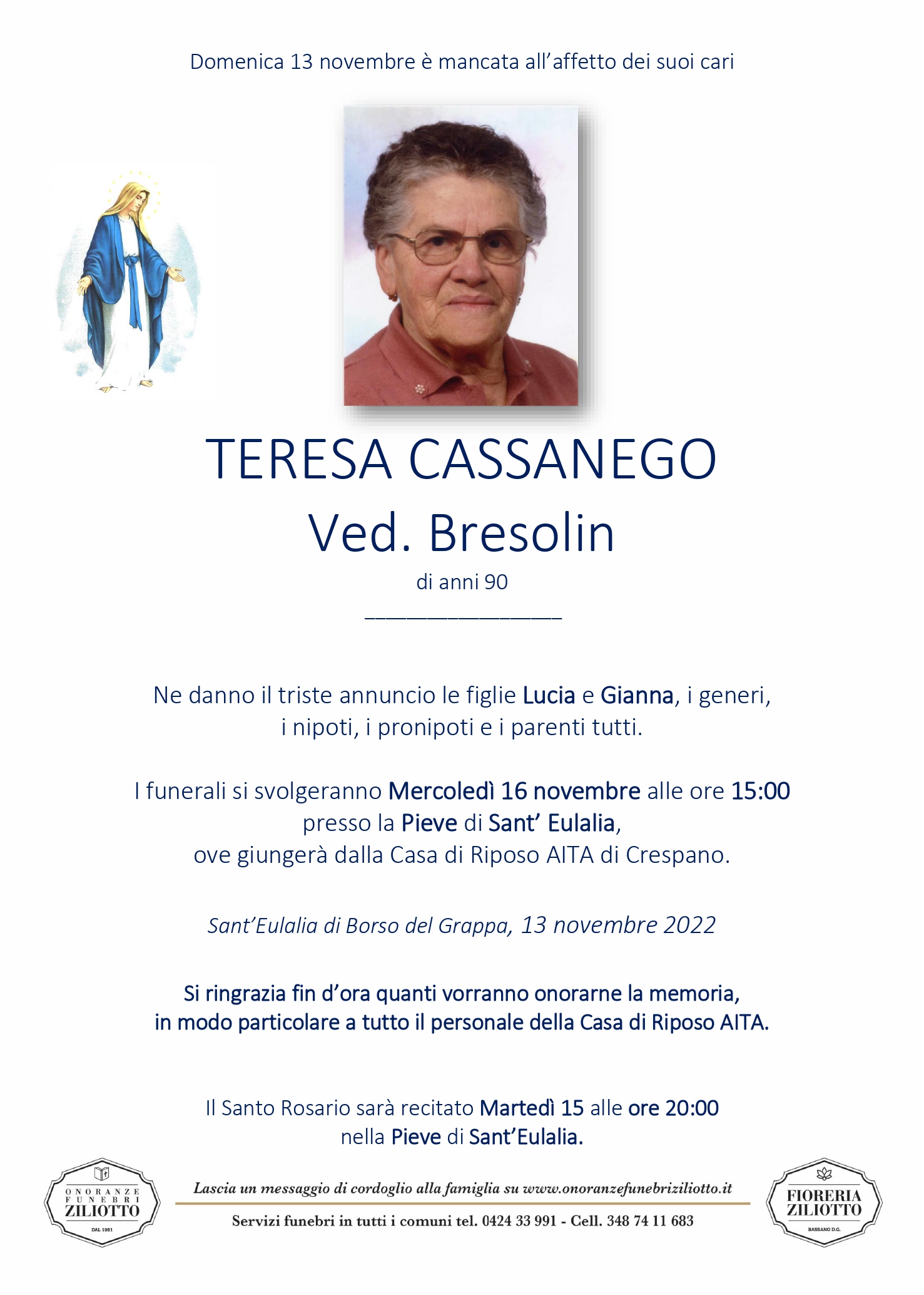 Teresa Cassanego - 90 anni - Borso del Grappa